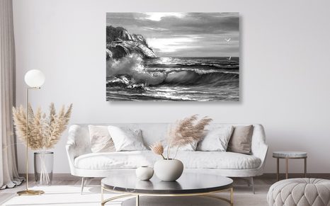 WANDBILD MORGEN AM MEER IN SCHWARZ-WEISS - SCHWARZ-WEISSE BILDER - BILDER