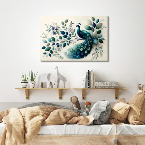 QUADRO SU TELA – PAVONE ELEGANTE TRA LE FOGLIE - QUADRI DEL PAVONE - STAMPE E QUADRI