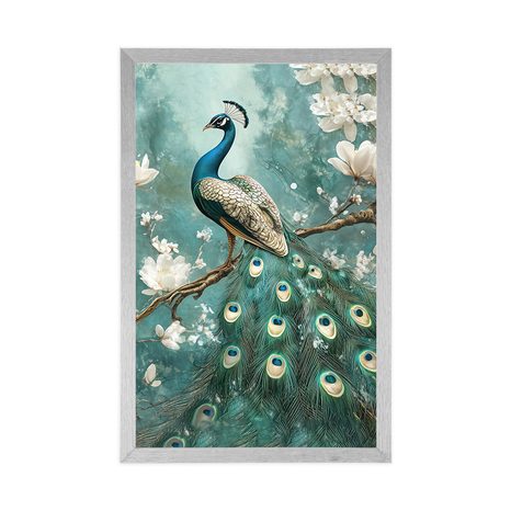 POSTER PĂUN ÎNCONJURAT DE FLORI ALBE - PĂSĂRI - POSTERE