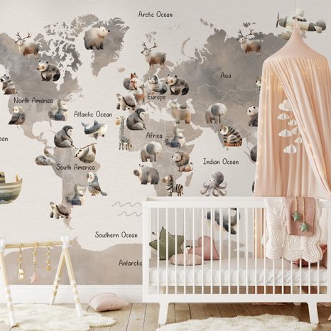 SAMOLEPÍCÍ TAPETA ZVÍŘECÍ MAPA SVĚTA PRO DĚTI - DĚTSKÉ TAPETY - TAPETY