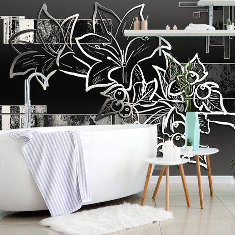 WALLPAPER BLACK AND WHITE FLORAL ILLUSTRATION - BLACK AND WHITE WALLPAPERS - WALLPAPERS