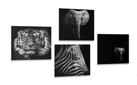 CANVAS PRINT SET ANIMALS IN BLACK AND WHITE STYLE - SET OF PICTURES - PICTURES