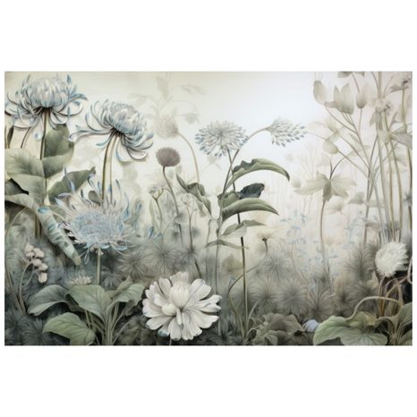 TAPETE IN NATUR GEHÜLLTE BLUMEN MIT BLAUEM KONTRAST - TAPETEN BLÄTTER - TAPETEN