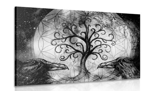 CANVAS PRINT MAGICAL TREE OF LIFE IN BLACK AND WHITE - BLACK AND WHITE PICTURES - PICTURES