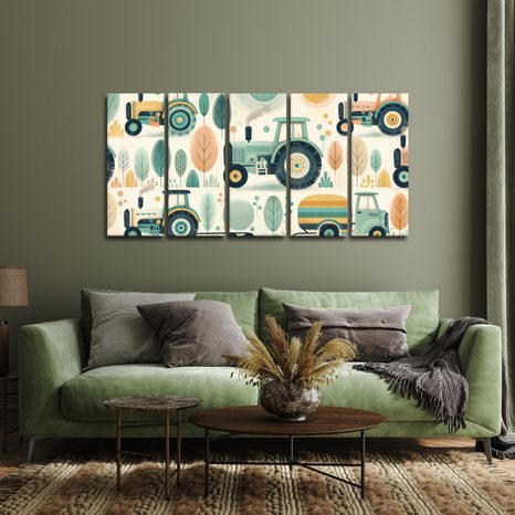 5-TEILIGES WANDBILD BUNTE TRAKTOREN IM WALD - KINDERBILDER VERKEHRSMITTEL - BILDER