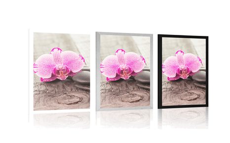POSTER WITH MOUNT ORCHID AND ZEN STONES ON A WOODEN BACKGROUND - FLOWERS - POSTERS