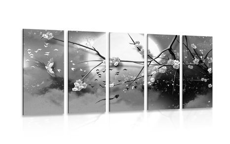 5-PIECE CANVAS PRINT TREE BRANCHES UNDER A FULL MOON IN BLACK AND WHITE - BLACK AND WHITE PICTURES - PICTURES