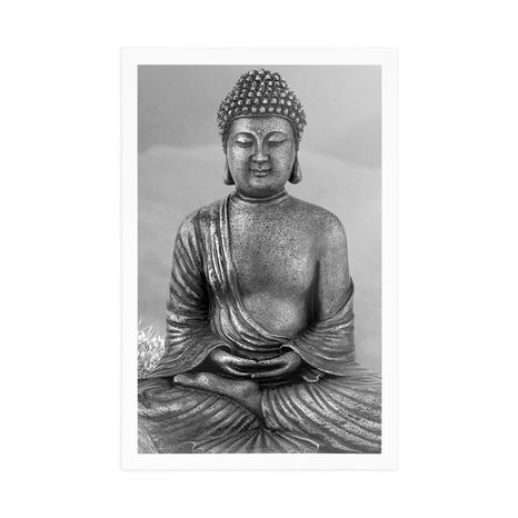 PLAKÁT SOCHA BUDDHY V MEDITUJÍCÍ POLOZE V ČERNOBÍLÉM PROVEDENÍ - FENG SHUI - PLAKÁTY