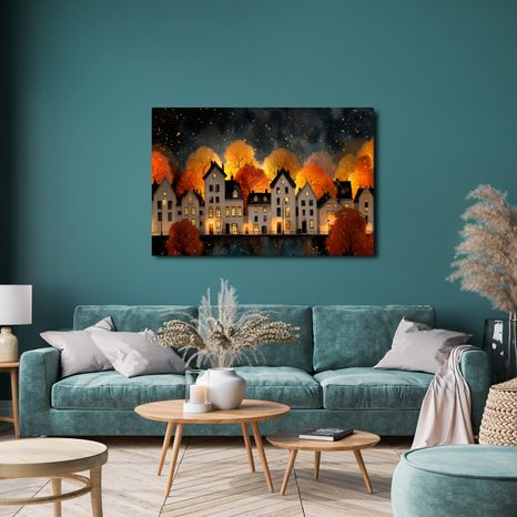 OBRAZ VÁNOČNÍ VESNICE POD HVĚZDAMI - BAREVNÉ DOMY - OBRAZY