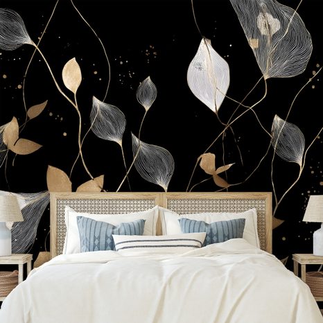 SAMOLEPIACA FOTOTAPETA ZLATÉ A BIELE LISTY NA ČIERNEJ - TAPETY LISTY - TAPETY