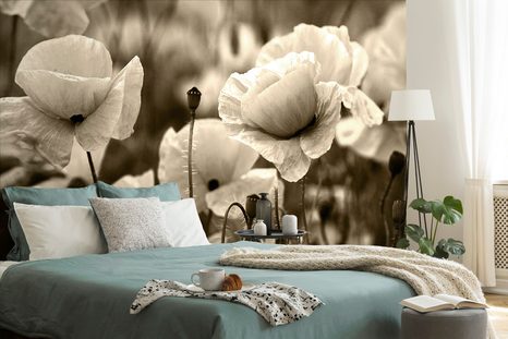 CARTA DA PARATI – CAMPO DI PAPAVERI SELVATICI IN SEPPIA - CARTA DA PARATI BIANCO E NERO - CARTA DA PARATI