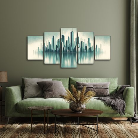 5-DÍLNÝ OBRAZ MRAKODRAPY ZAHALENÉ V MLZE - OBRAZY MĚSTA - OBRAZY
