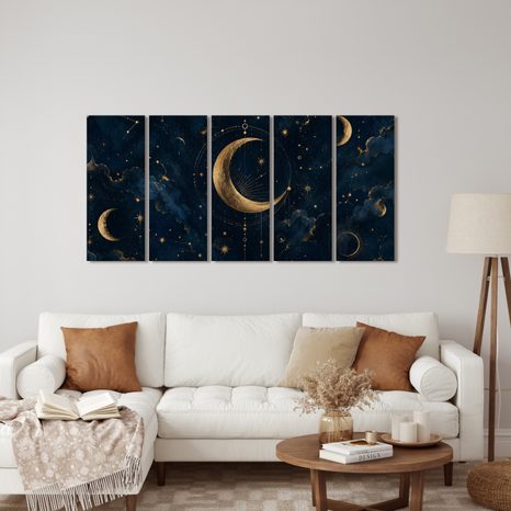 5-TEILIGES WANDBILD GOLDENER MOND ZWISCHEN STERNBILDERN - WANDBILDER MOND - BILDER