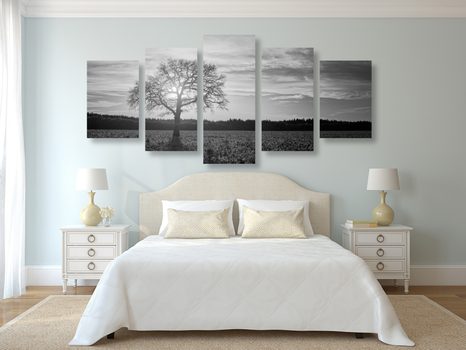 5 RÉSZES KÉK MAGÁNYOS FA FELETE FEHÉRBEN - FEKETE-FEHÉR KÉPEK - KÉPEK