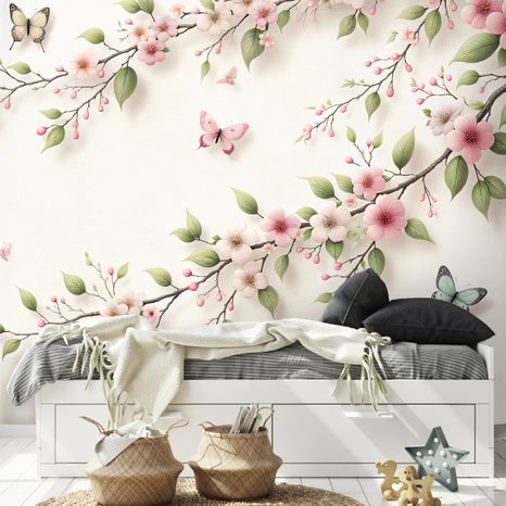 FOTOTAPETA JEMNÉ RŮŽOVÉ KVĚTY A MOTÝLI - TAPETY KVĚTINY - TAPETY