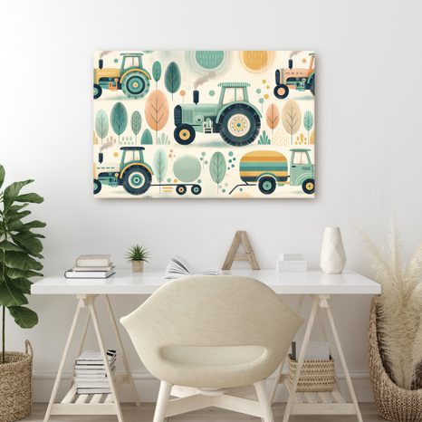 WANDBILD TRAKTOREN IN SPIELERISCHER LANDSCHAFT - KINDERBILDER VERKEHRSMITTEL - BILDER