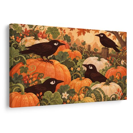 WANDBILD RABEN ZWISCHEN HERBSTLICHEN KÜRBISSEN - HALLOWEEN- UND HORROR-BILDER - BILDER