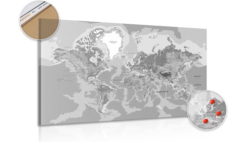 DECORATIVE PINBOARD CLASSIC WORLD MAP IN BLACK AND WHITE - PICTURES ON CORK - PICTURES