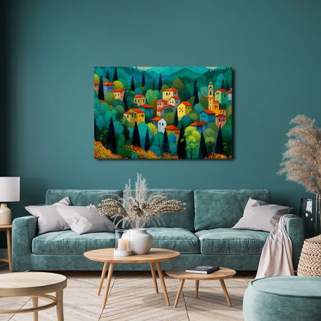 OBRAZ VESNICE V LETNÍM LESE - BAREVNÉ DOMY - OBRAZY