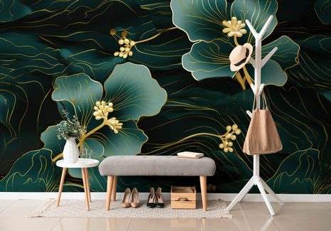 TAPETE LUXURIÖSE GRÜN-GOLDENE BLUME - TAPETEN MIT BLUMENMOTIVEN - TAPETEN