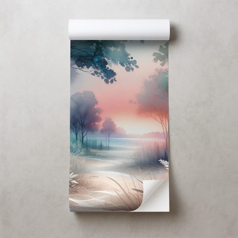 SAMOLEPÍCÍ TAPETA PASTELOVÁ LESNÍ KRAJINA PŘI ZÁPADU SLUNCE - TAPETY LES - TAPETY