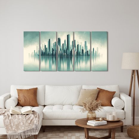 5-DÍLNÝ OBRAZ SILUETA MĚSTA S ODRAZEM VE VODĚ - OBRAZY MĚSTA - OBRAZY