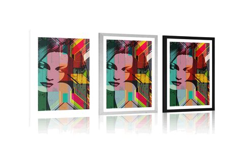PLAGÁT S PASPARTOU PORTRÉT ŽENY NA FAREBNOM POZADÍ - POP ART - PLAGÁTY