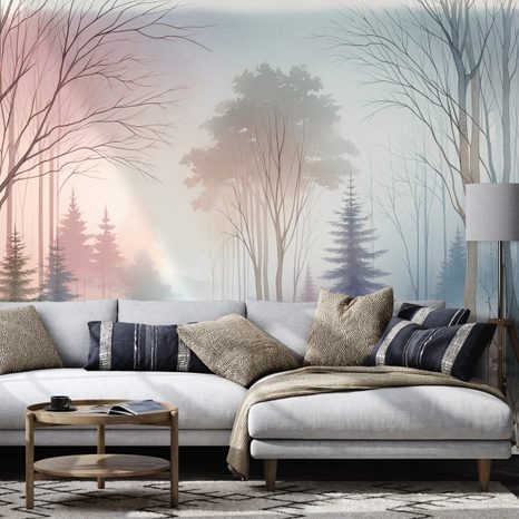 SAMOLEPÍCÍ TAPETA PASTELOVÁ MLHAVÁ KRAJINA - WALLPAPERS FOREST - WALLPAPERS