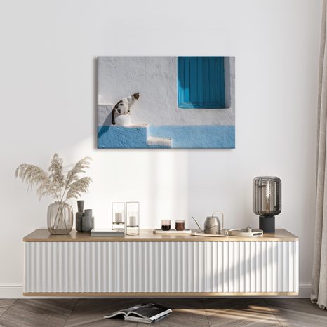 WANDBILD KATZE AUF BLAUEN TREPPEN - BILDER VON KATZEN - BILDER