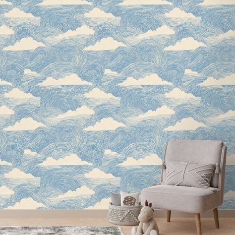 TAPETA MODRÉ VLNY S BÍLÝMI OBLAKY - VZOROVANÉ TAPETY - TAPETY