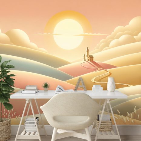 SELBSTKLEBENDE TAPETE PASTELLFARBENE LANDSCHAFT MIT KIRCHE - TAPETEN FELDER UND WIESEN - TAPETEN