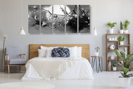 TABLOU 5-PIESE RAMURI DE COPAC LA LUNA PLINĂ ÎN DESIGN ALB-NEGRU - TABLOURI ALB-NEGRU - TABLOURI