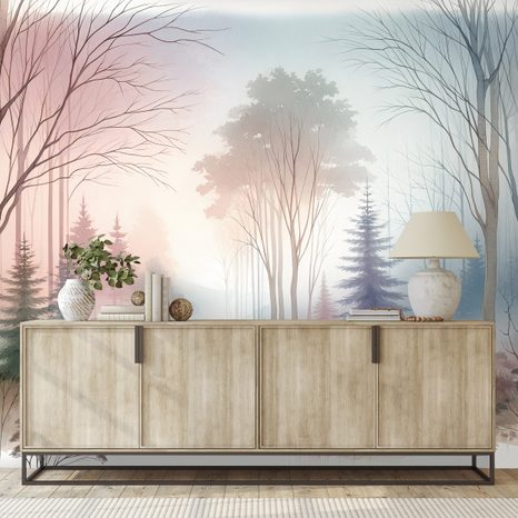 SAMOLEPÍCÍ TAPETA PASTELOVÁ MLHAVÁ KRAJINA - WALLPAPERS FOREST - WALLPAPERS