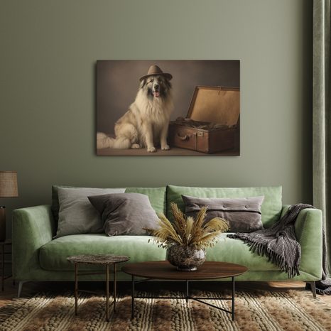 OBRAZ PES S KLOBOUKEM A KUFREM - OBRAZY PSI - OBRAZY