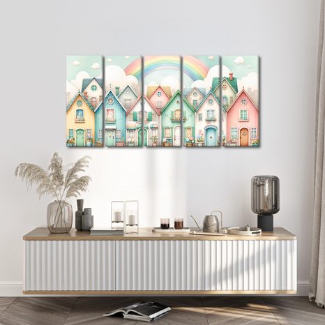 5-DÍLNÝ OBRAZ BAREVNÁ ULIČKA POD DUHOVÝM NEBEM - OBRAZY MĚSTA - OBRAZY