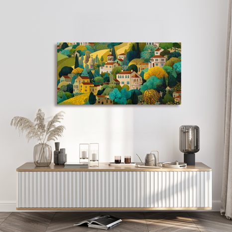 OBRAZ HARMONICKÉ SOUŽITÍ DOMŮ A STROMŮ - BAREVNÉ DOMY - OBRAZY