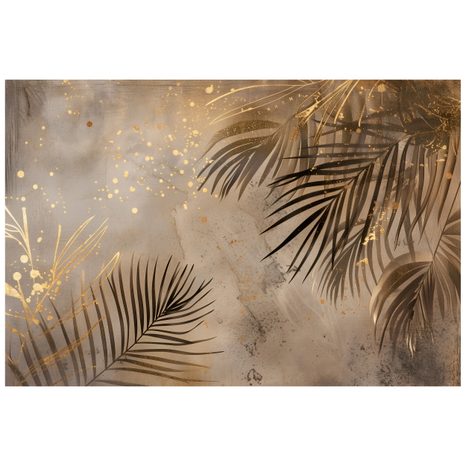 PAPIER PEINT PANORAMIQUE ADHÉSIF – FEUILLES DE PALMIER DORÉES SUR GRIS - PAPIER PEINT FEUILLES - PAPIERS PEINTS PANORAMIQUES