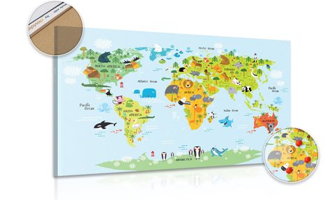 PICTURE ON THE CORK OF A CHILDREN'S WORLD MAP WITH ANIMALS