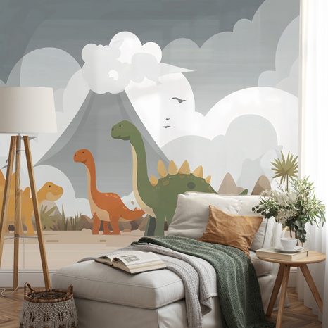 SAMOLEPÍCÍ TAPETA BAREVNÍ DINOSAUŘI V KRAJINĚ - DĚTSKÉ TAPETY - TAPETY