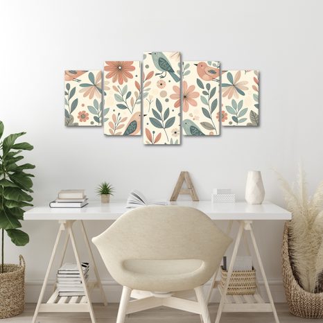5-TEILIGES WANDBILD VÖGEL ZWISCHEN BLUMEN - BILDER BLUMEN - BILDER
