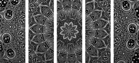 5-DÍLNÝ OBRAZ ORIENTÁLNÍ MANDALA V ČERNOBÍLÉM PROVEDENÍ - ČERNOBÍLÉ OBRAZY - OBRAZY