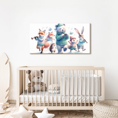 WANDBILD SÜSSE TIERE MIT FLÖTEN IM WINTER - KINDERBILDER TIERE - BILDER