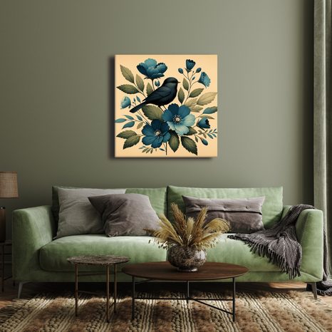 WANDBILD VÖGELCHEN AUF AST MIT BLAUEN BLUMEN - BILDER VON VÖGELN - BILDER