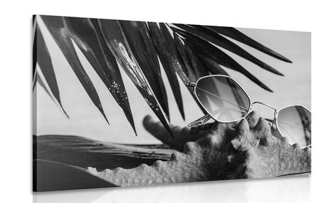 CANVAS PRINT SUNGLASSES ON A SEASHELL IN BLACK AND WHITE