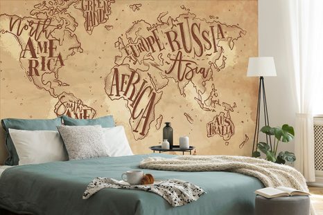 SAMOLEPÍCÍ TAPETA MODERNÍ MAPA SVĚTA NA VINTAGE PODKLADU - SAMOLEPÍCÍ TAPETY - TAPETY