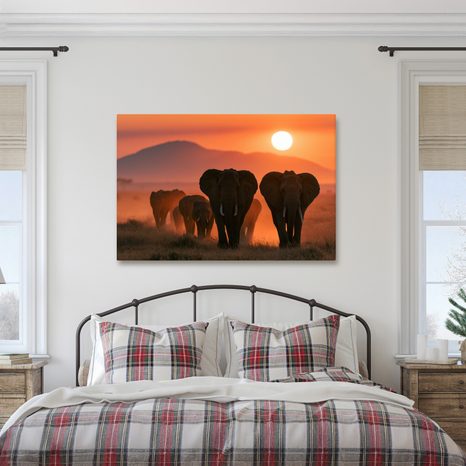 TABLEAU SUR TOILE – ÉLÉPHANTS AU COUCHER DU SOLEIL - TABLEAUX ÉLÉPHANTS - TABLEAUX