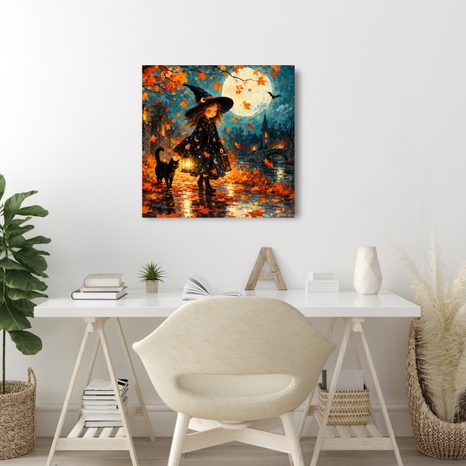 QUADRO SU TELA – GATTO NERO SOTTO LA LUNA PIENA - QUADRI HALLOWEEN E HORROR - STAMPE E QUADRI