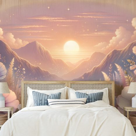 SAMOLEPÍCÍ TAPETA PASTELOVÁ KRAJINA S KVĚTINAMI PŘI ZÁPADU SLUNCE - TAPETY VÝCHOD A ZÁPAD SLUNCE - TAPETY