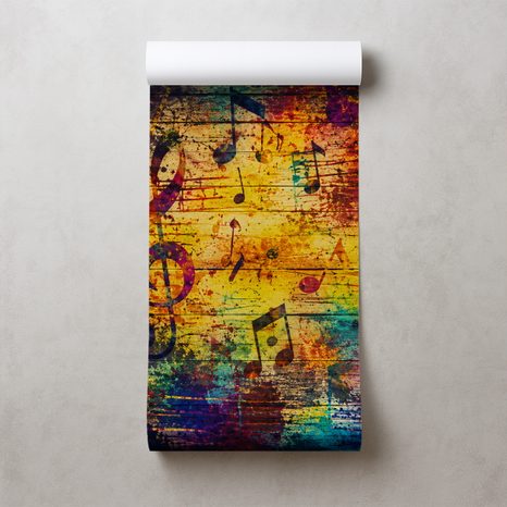 TAPETE BUNTE MUSIKNOTEN AUF HOLZ - MUSIK FOTOTAPETEN - TAPETEN