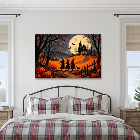 QUADRO SU TELA – STREGA SOTTO IL MANIERO AL CHIARO DI LUNA - QUADRI HALLOWEEN E HORROR - STAMPE E QUADRI